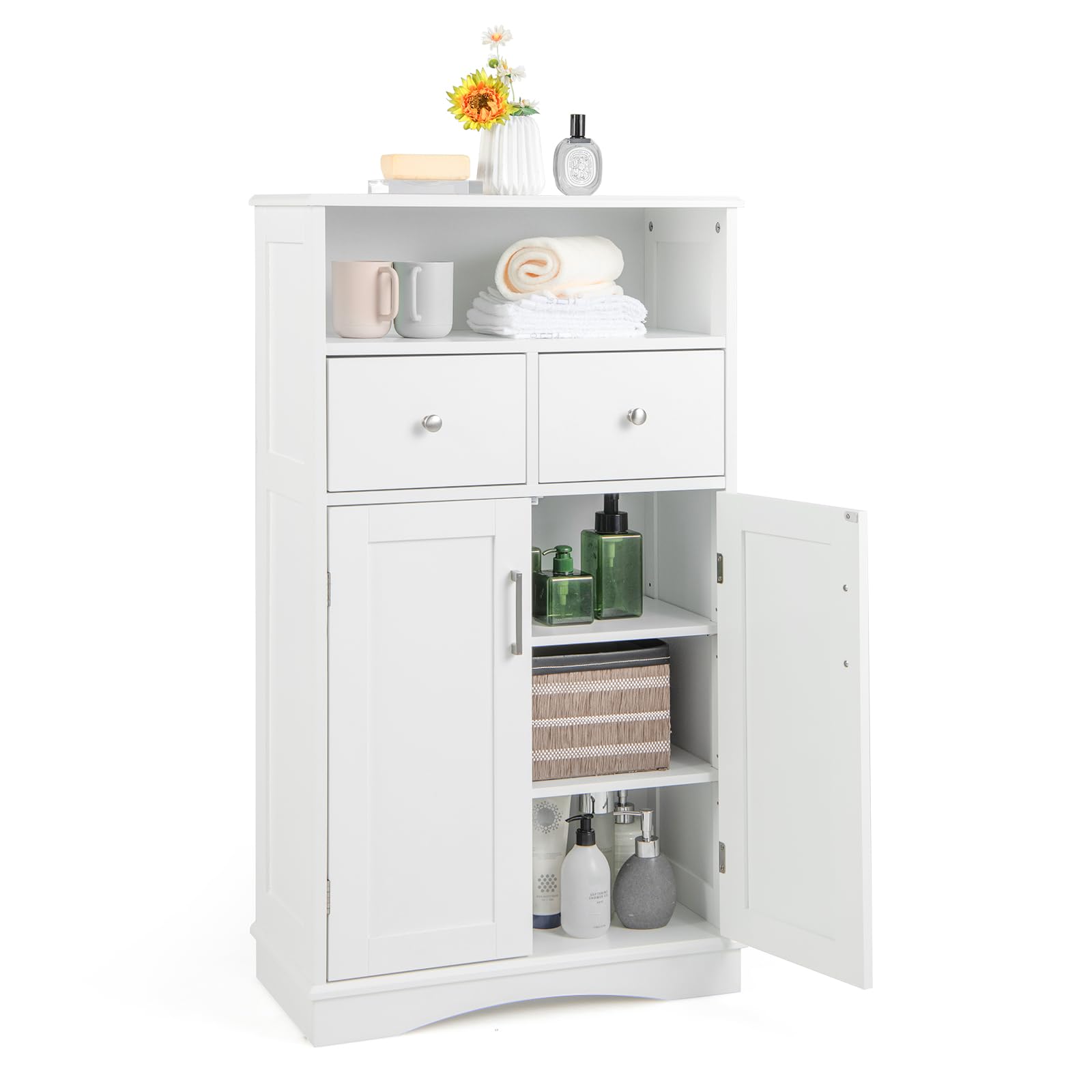 Tangkula Bathroom Cabinet, Freestanding Storage Organizer w/2 Drawers & 2 Doors